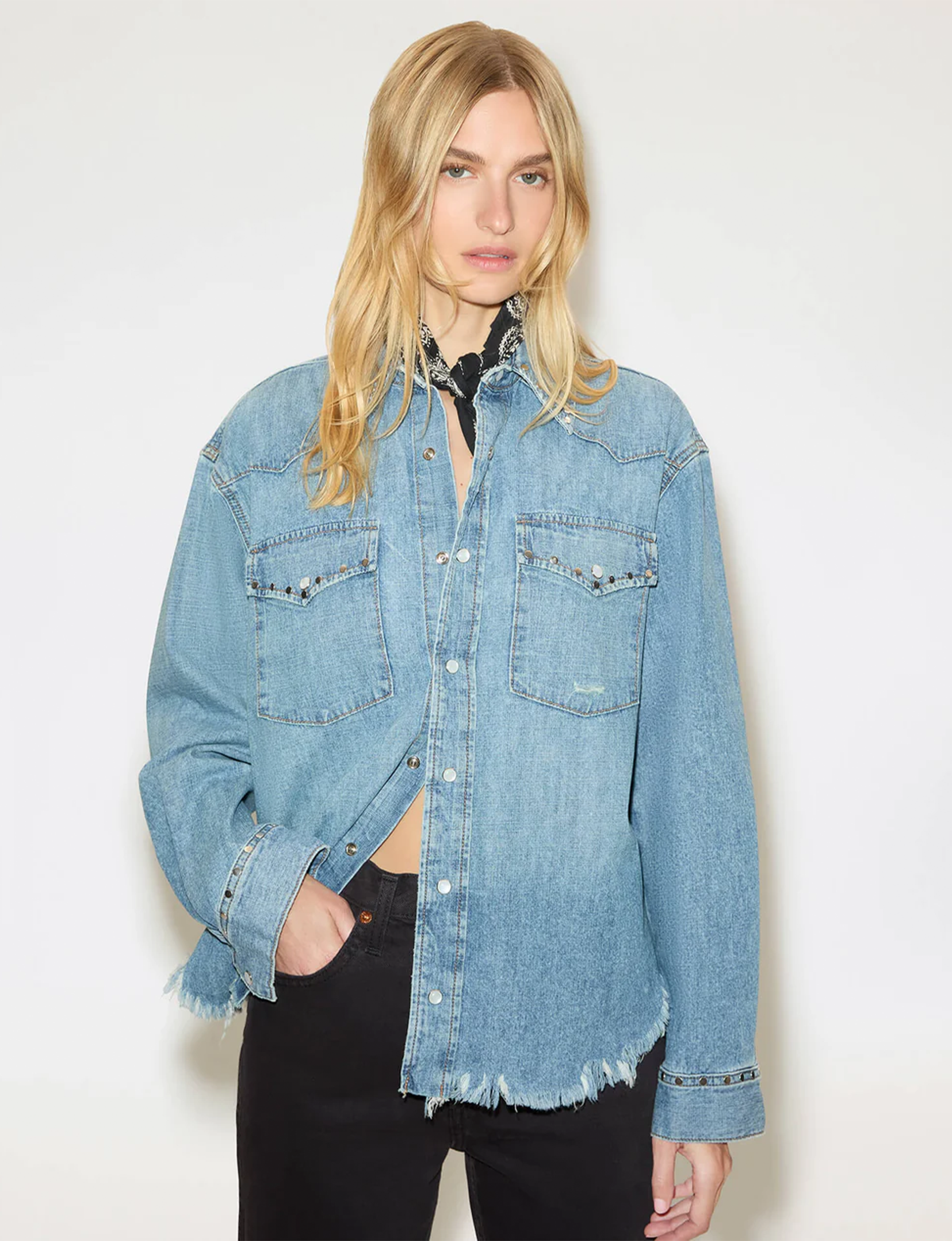 Distressed Western Shirt, Vintage Biker/Blue Stud