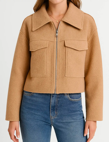 Cropped Wool Blend Jacket, Khaki