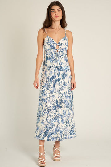 Blue Tropical Floral Print Midi Dress