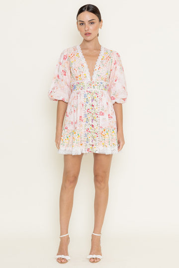 Pink Floral Print Crochet Hem Mini Dress