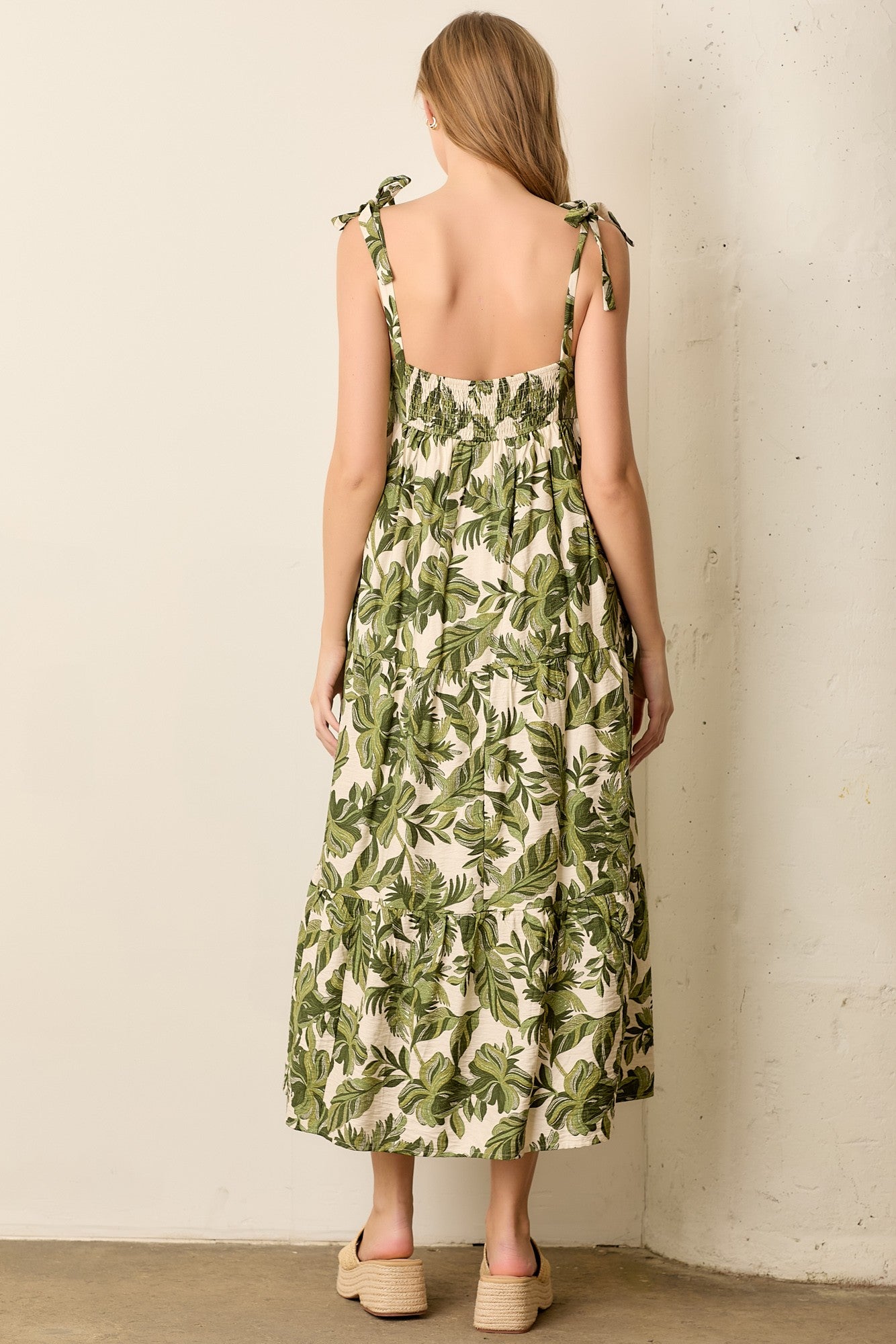 Tropical Greenery Print Maxi Dress With Tie Straps