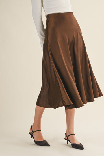 Chocolate Brown Flared Satin Midi Skirt