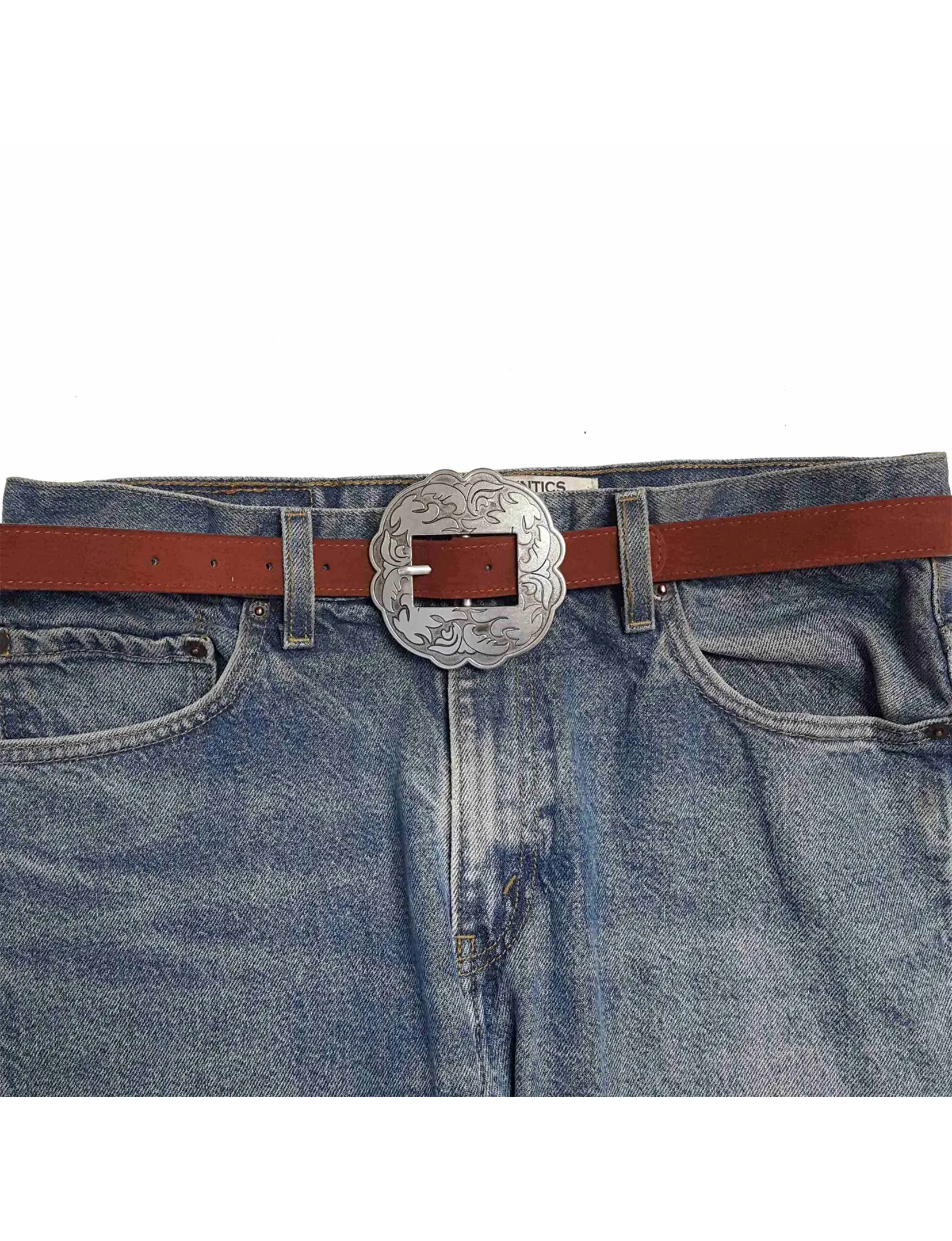 Floral Buckle Belt, Brown Leather Suede