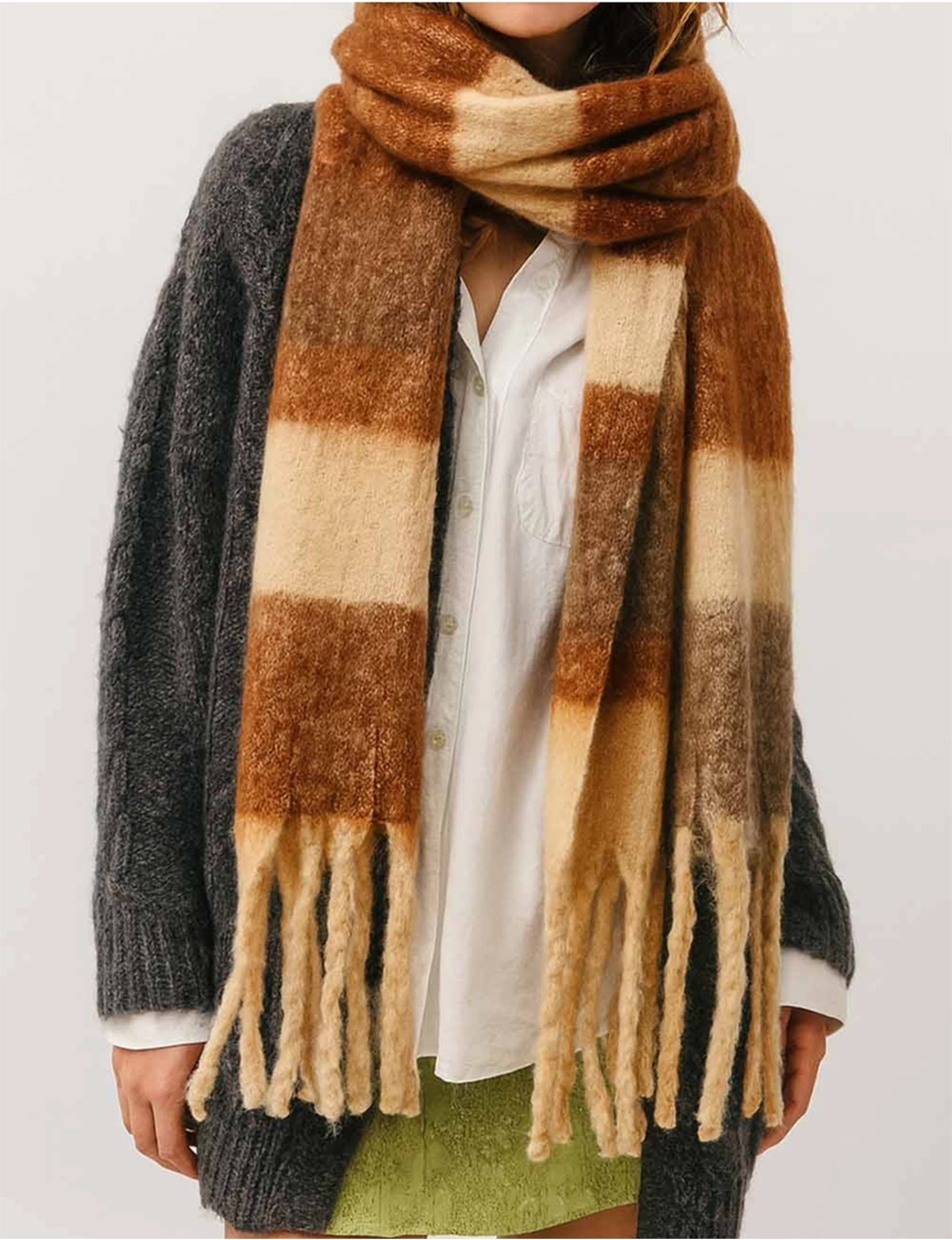 Striped Fringe Knit Scarf, Coffee
