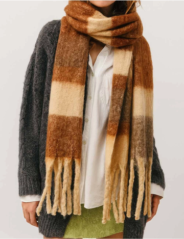 Striped Fringe Knit Scarf, Coffee