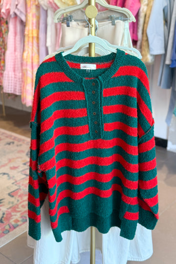 Red and Green Striped Henley Neck Knit Sweater