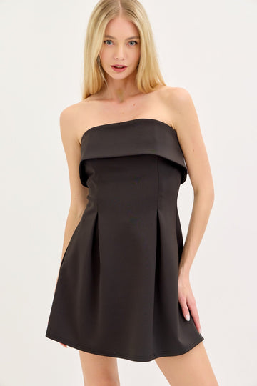 Black Strapless Front Pleated Mini Dress