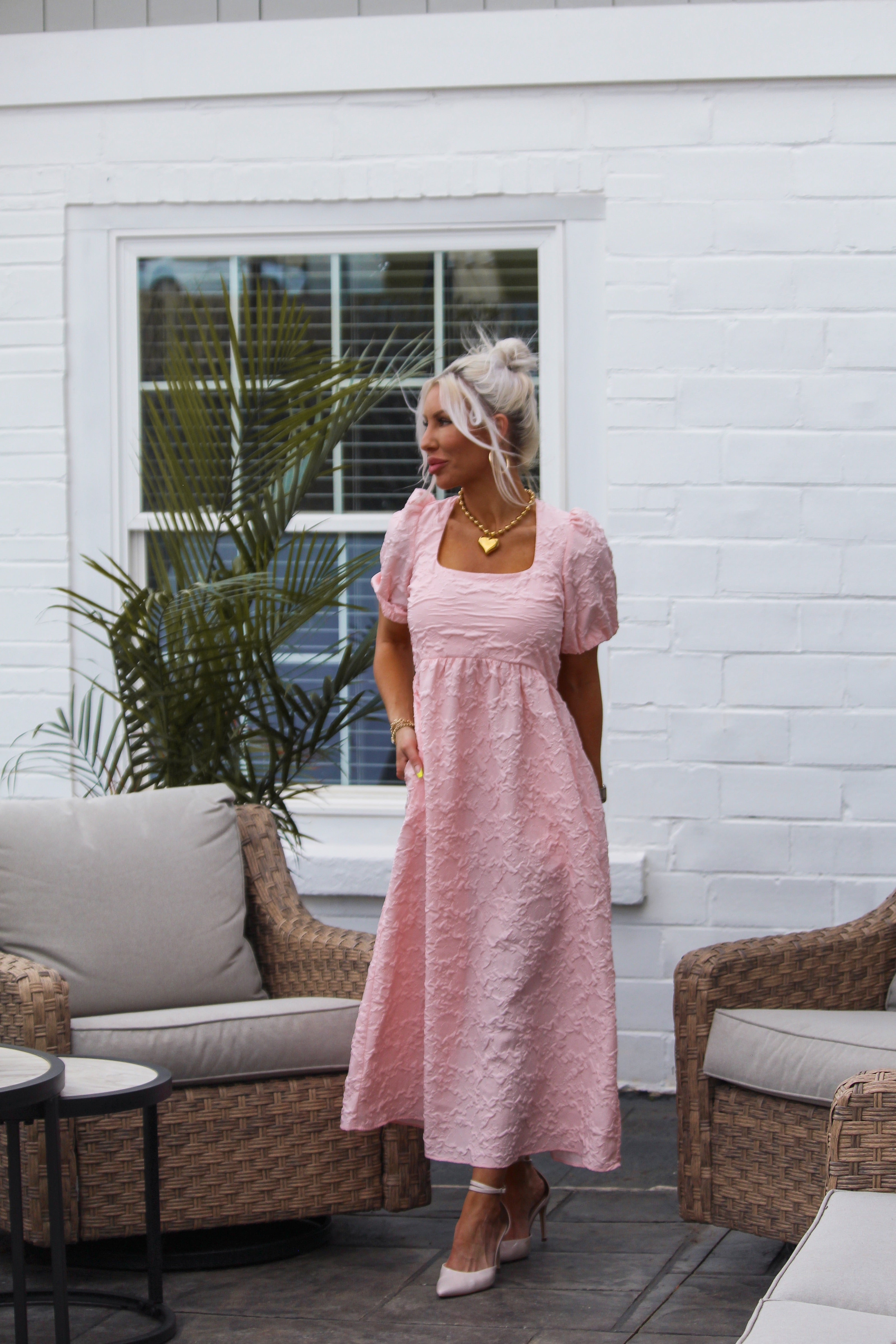 Pink Jacquard Floral Tie Back Maxi Dress