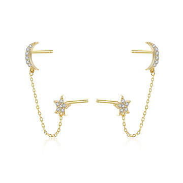 Moon + Star Chain Stud Earrings