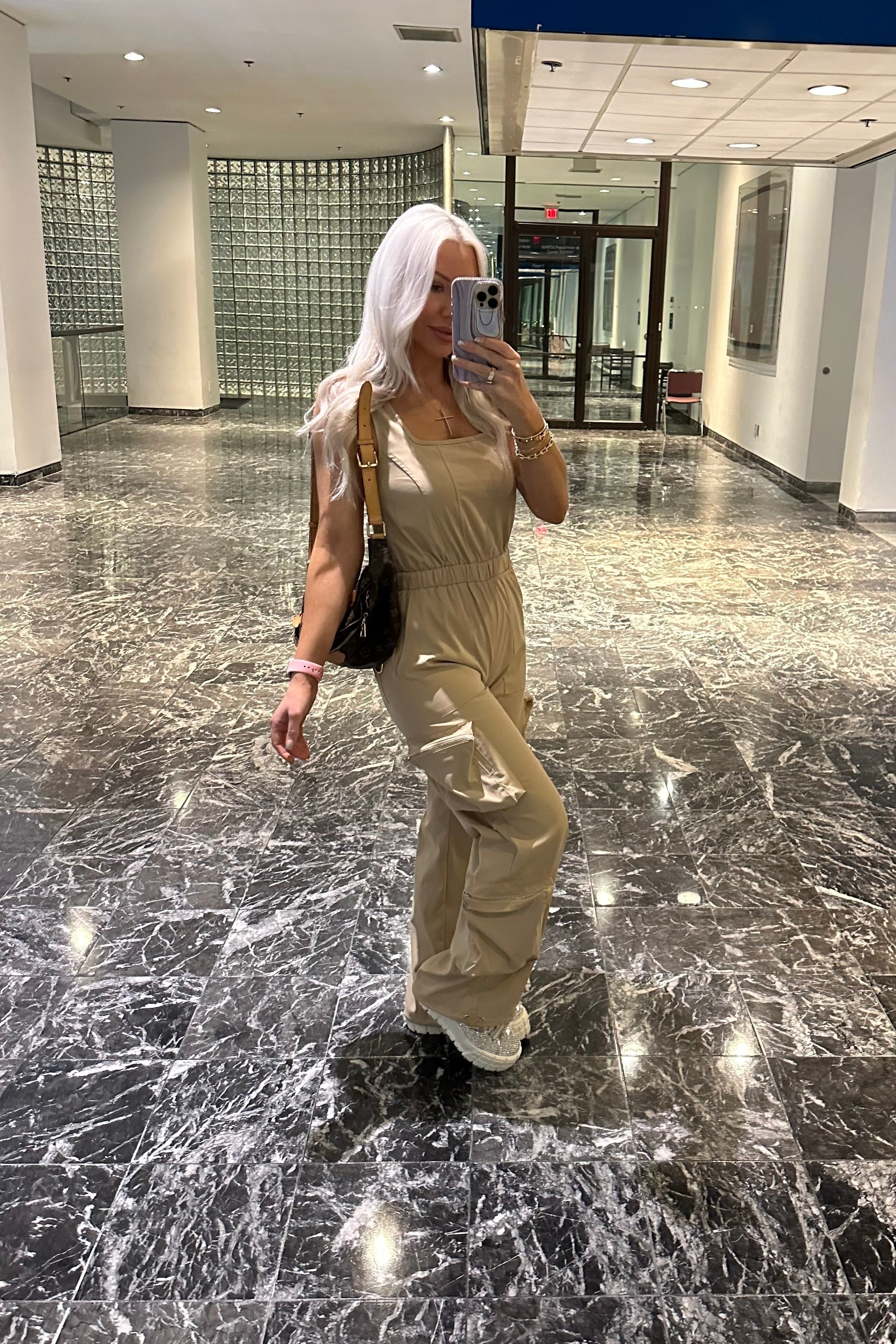 Sleeveless Tan Cargo Jumpsuit