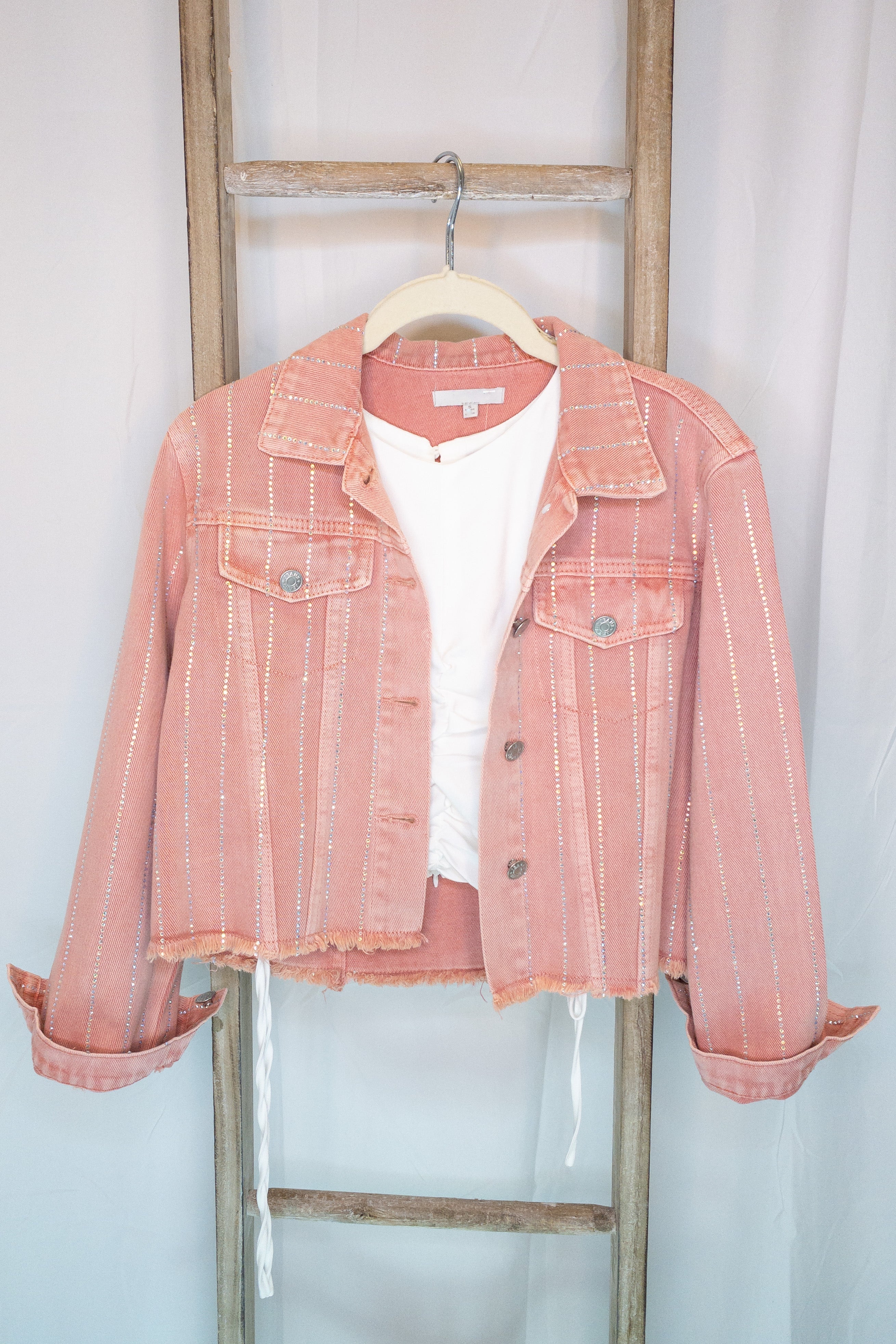 Pink Kyler Rhinestone Raw Hem Denim Jacket