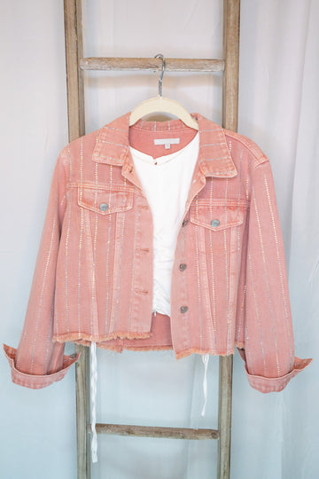 Pink Kyler Rhinestone Raw Hem Denim Jacket