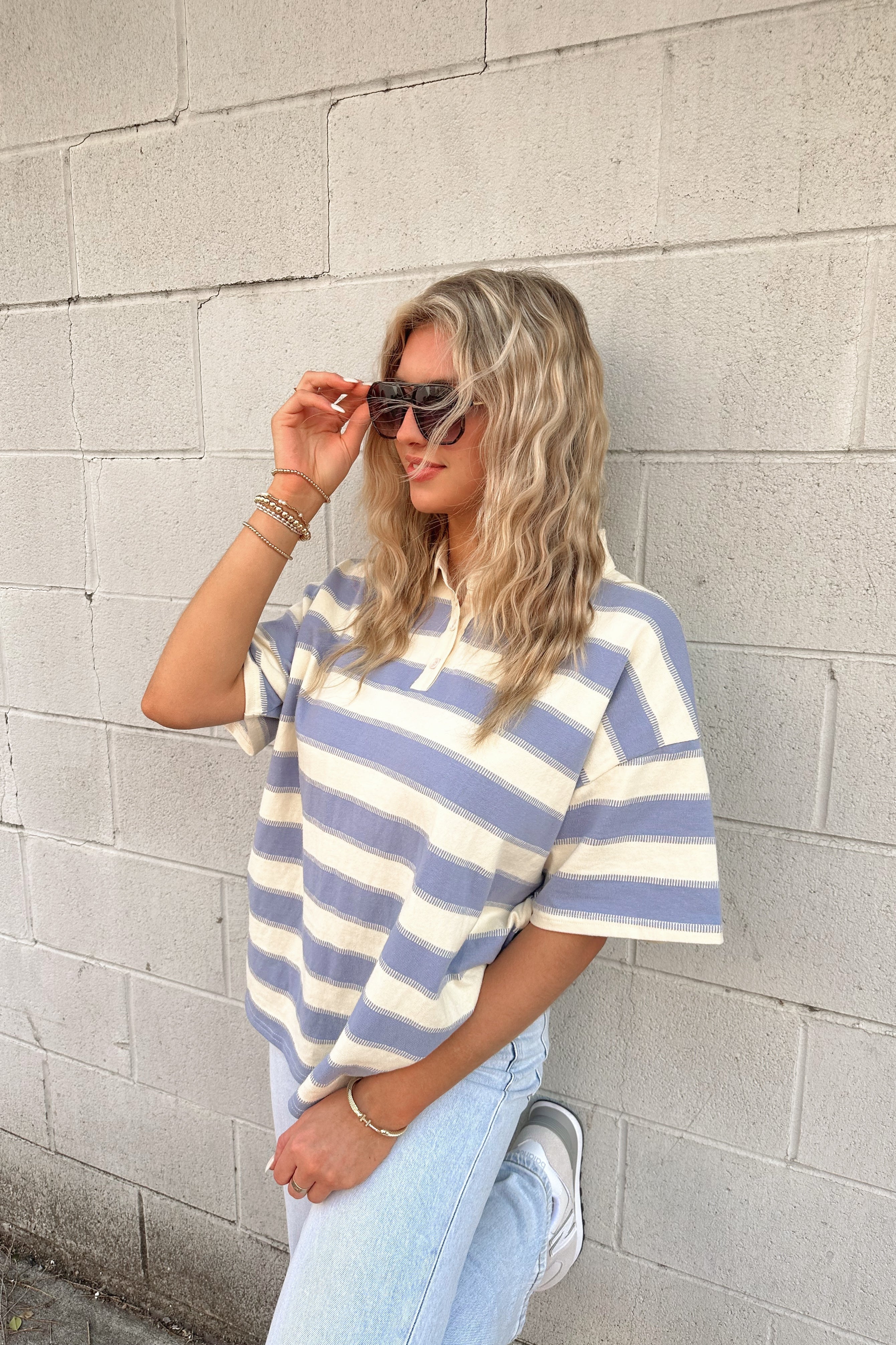Blue Striped Rugby Polo Top