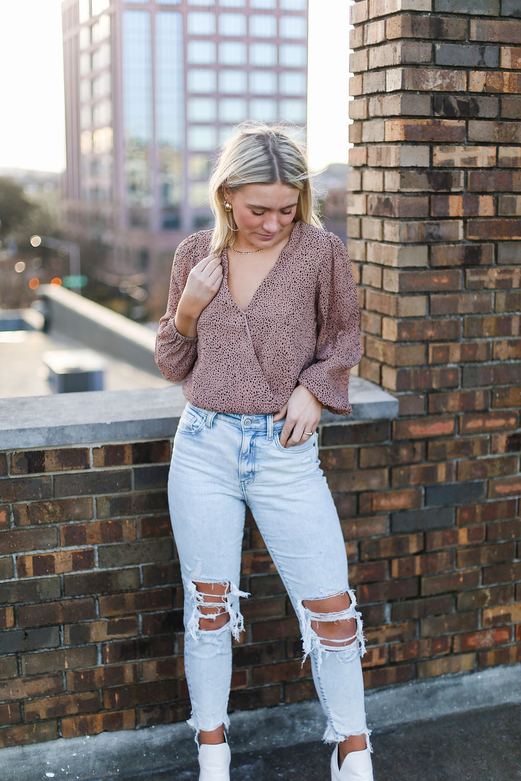 Brown Polka Dot V-Neck Top