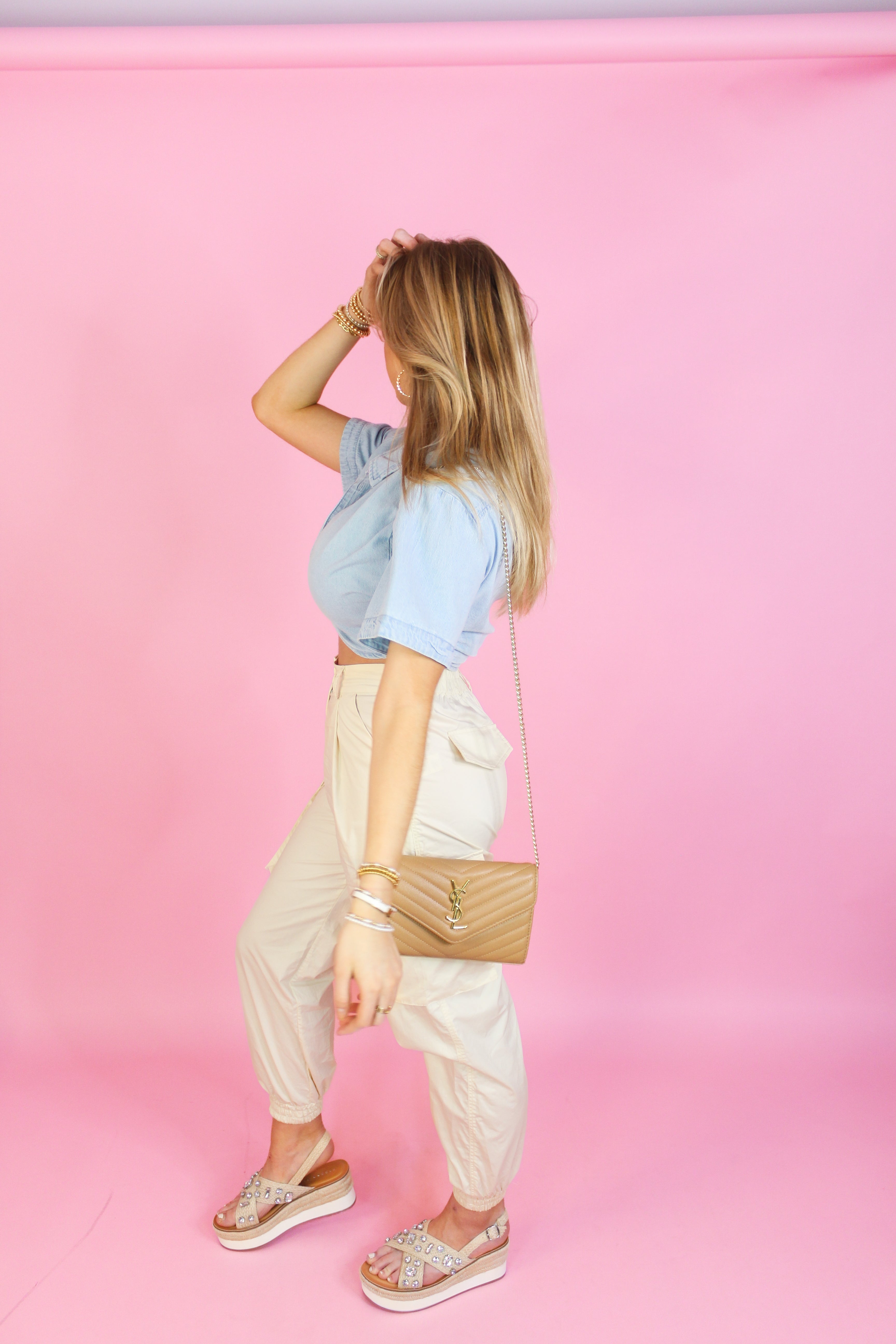 Chambray Button Up Cropped Shirt