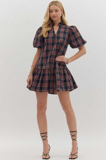 Navy Blue Plaid Ruffle Hem Mini Dress
