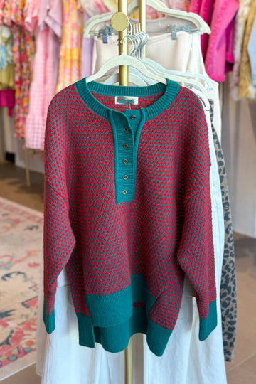 Green and Red Point Knit Henley Neck Knit Sweater