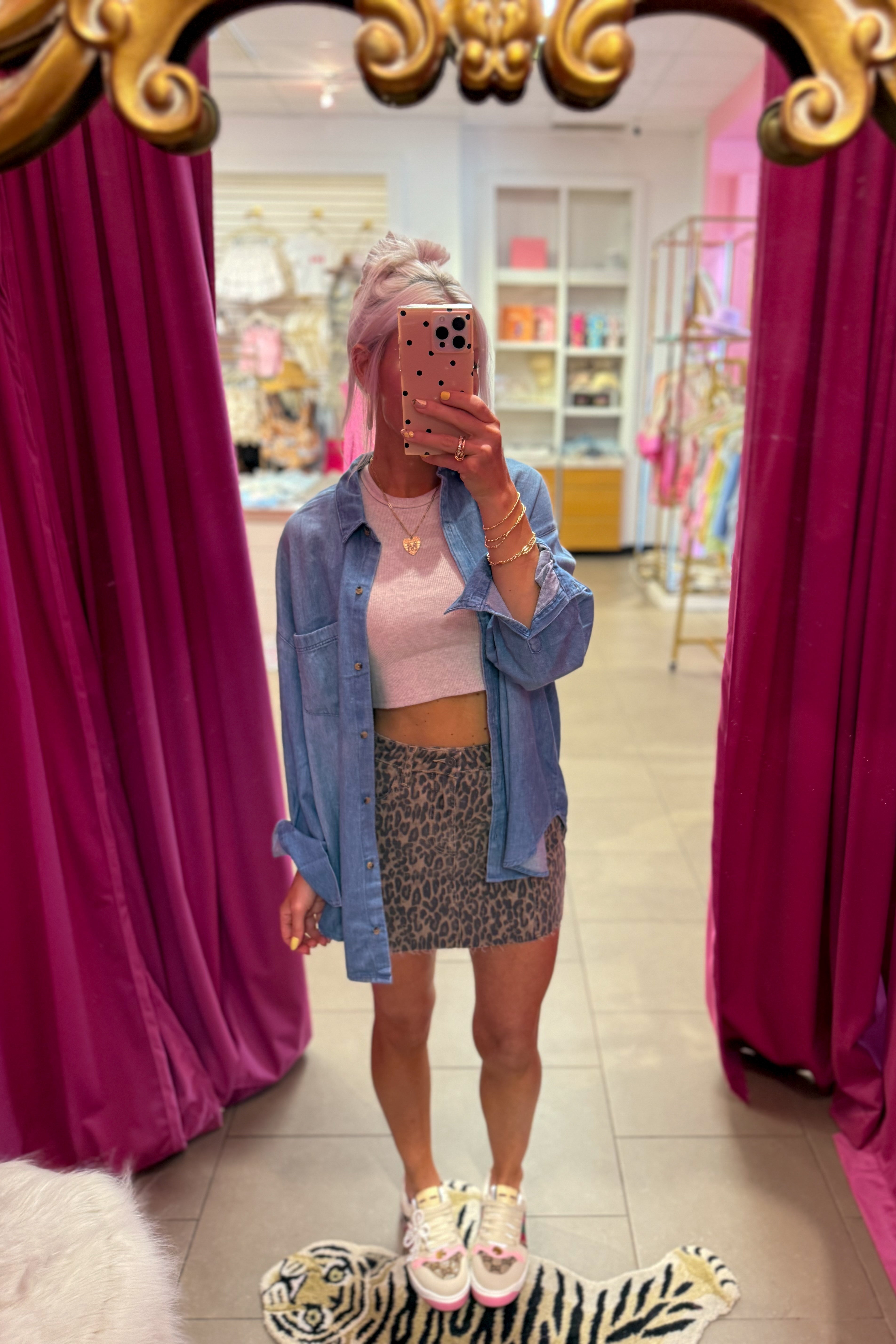 Leopard Denim Mini Skirt