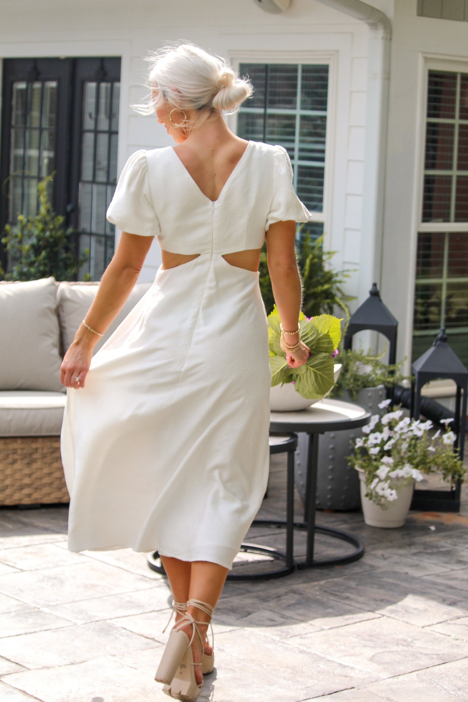 Floral Puff Sleeve Cut Out Midi Dress In White