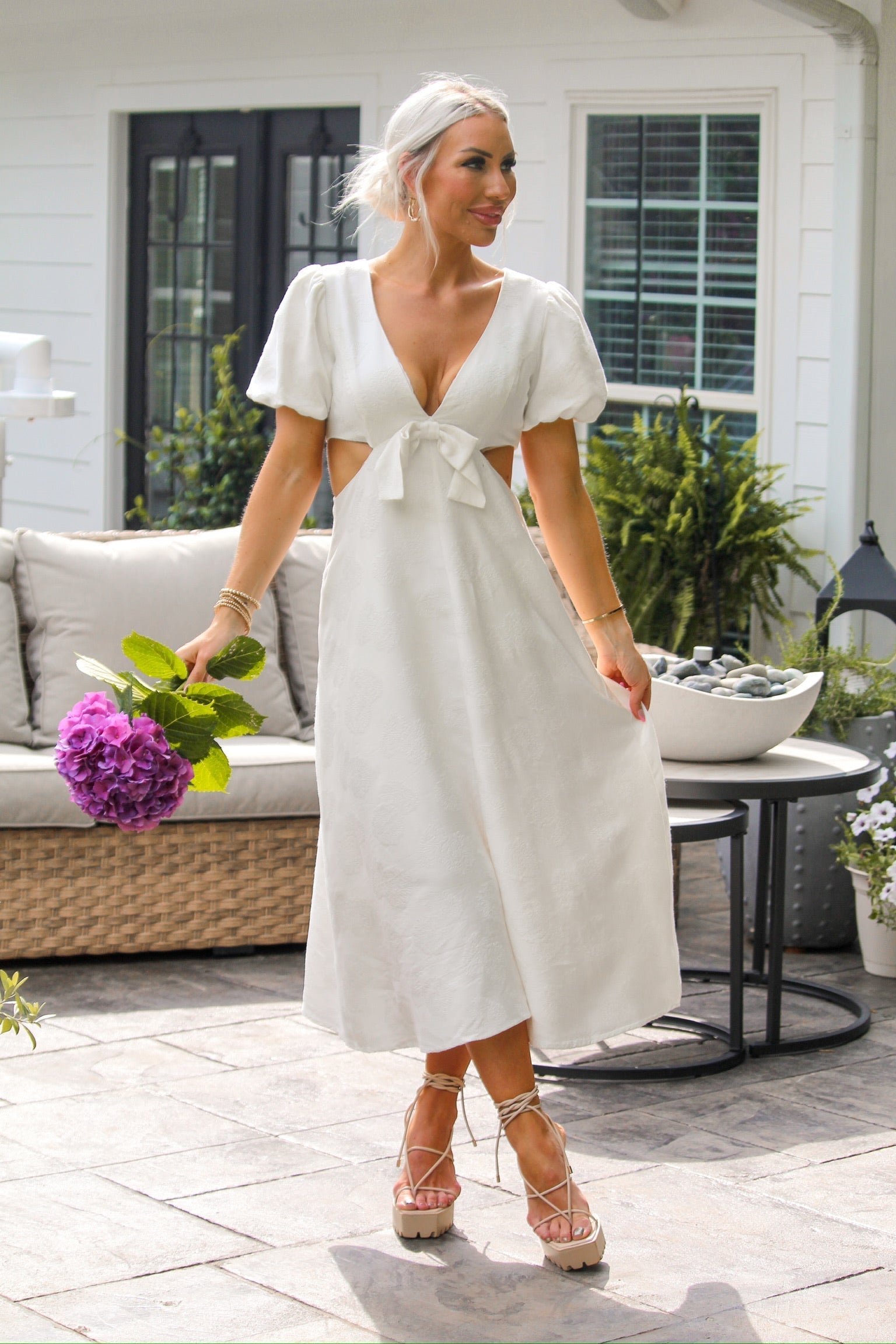 Floral Puff Sleeve Cut Out Midi Dress In White