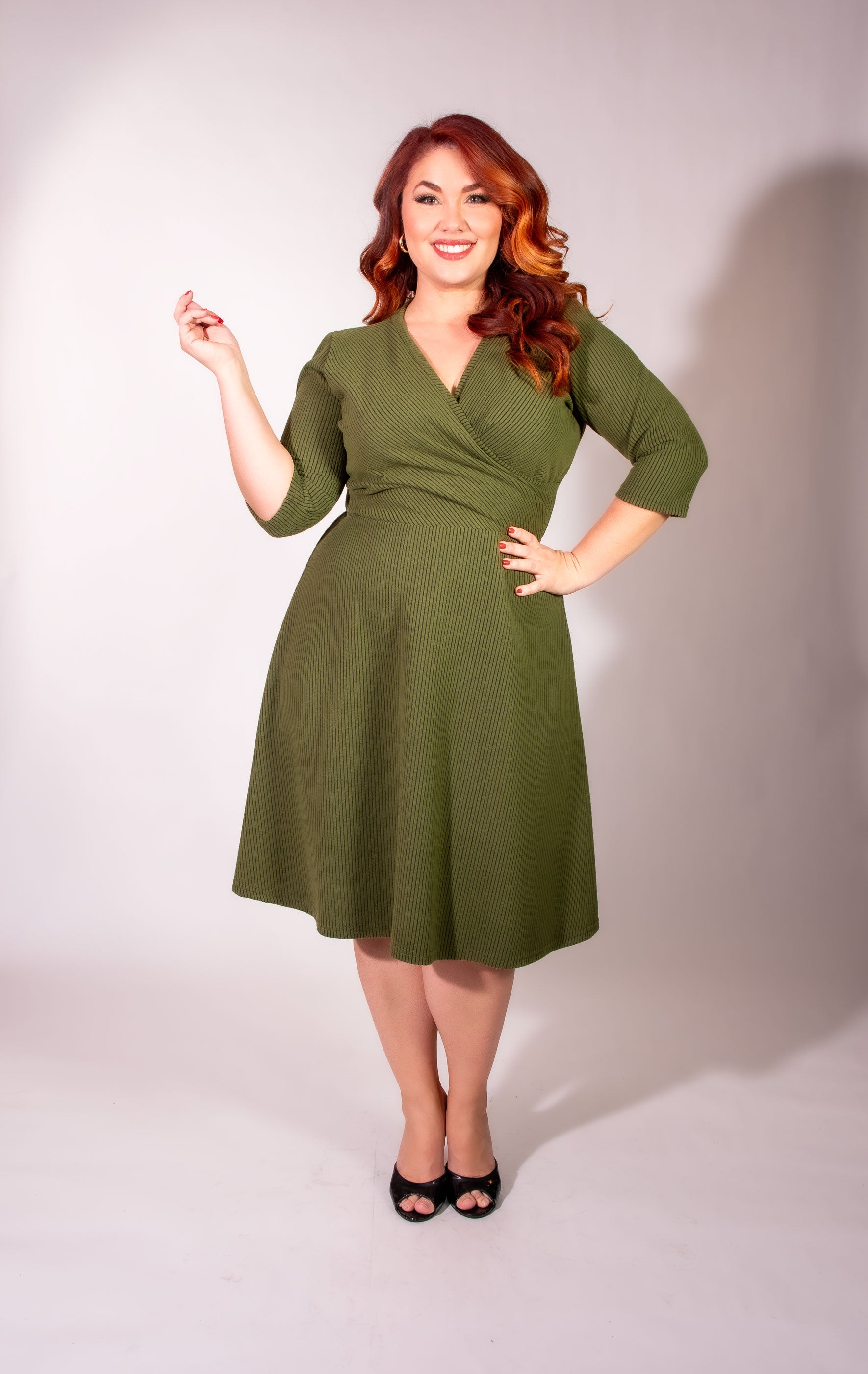 Joanie Knit Dress 3/4 Sleeve - Olive, Brushed Rib Knit