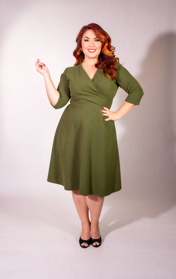 Joanie Knit Dress 3/4 Sleeve - Olive, Brushed Rib Knit
