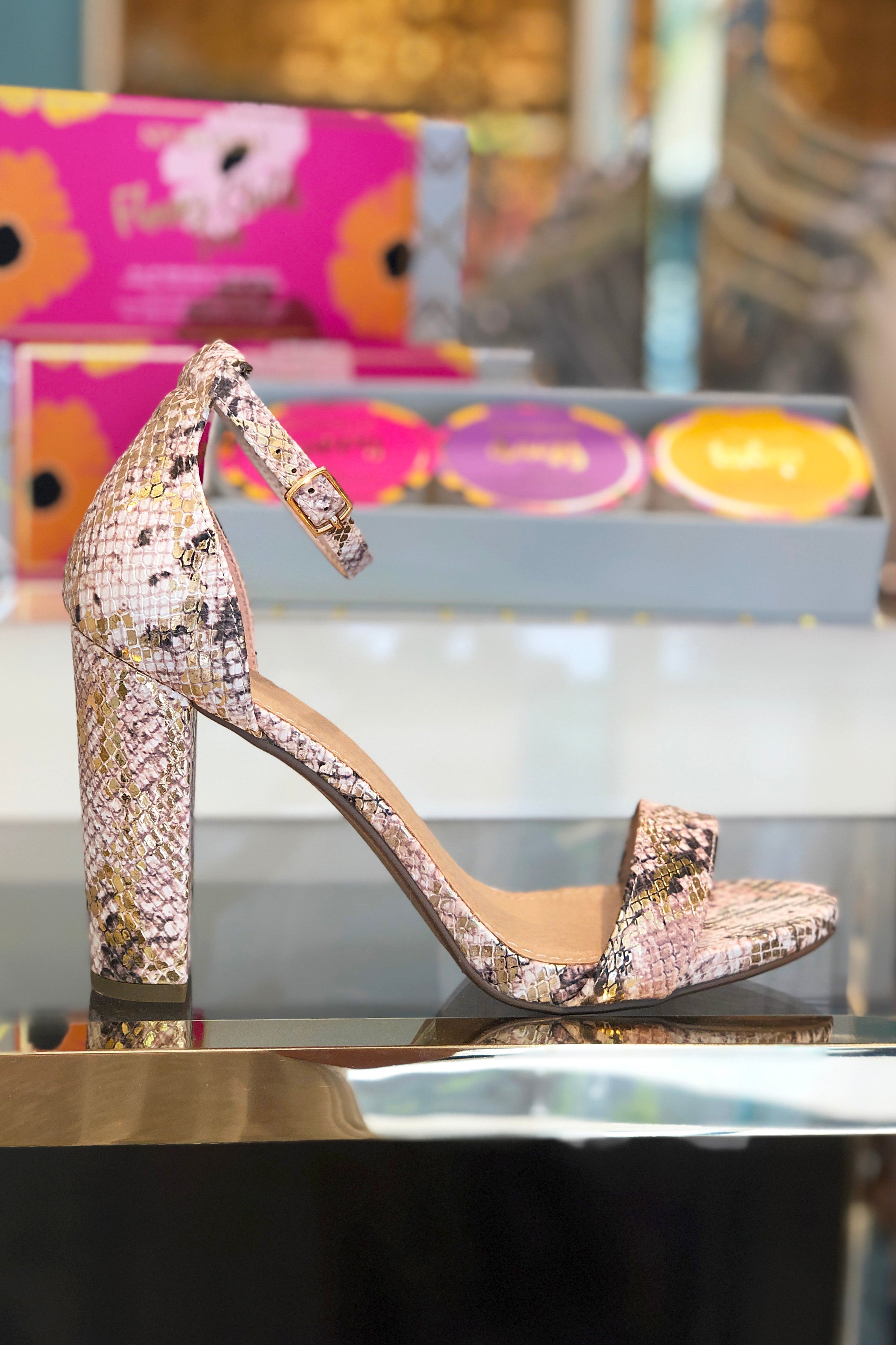 Gold Snakeskin Block Heeled Sandal