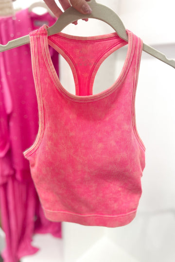 Hot Pink Acid Wash Racer Back Ribbed Tank Top