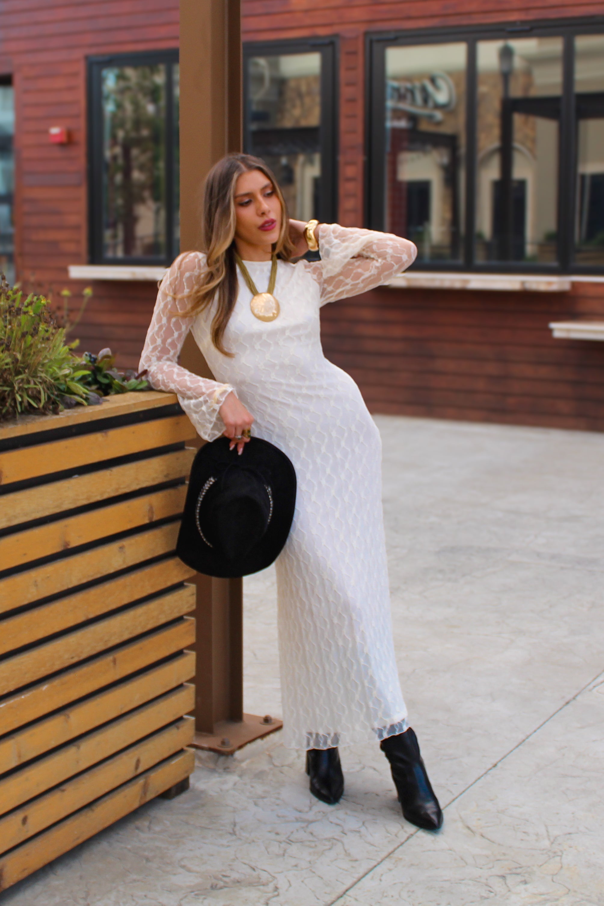 Ivory Lace Overlay Long Sleeve Maxi Dress