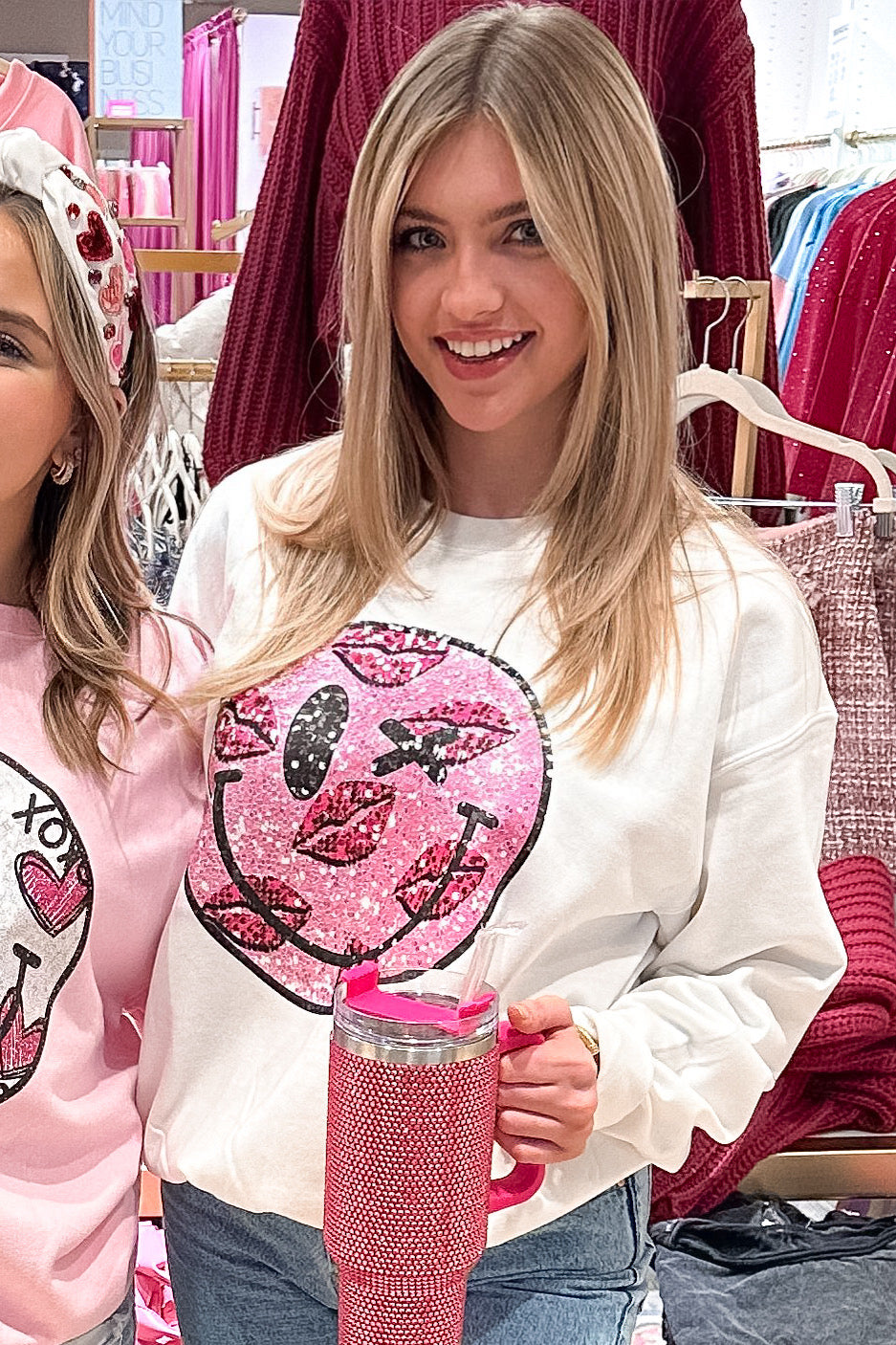 White Faux Sequin Smiley Face Kisses Sweatshirt