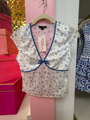 Blue and White Floral Mesh Tee