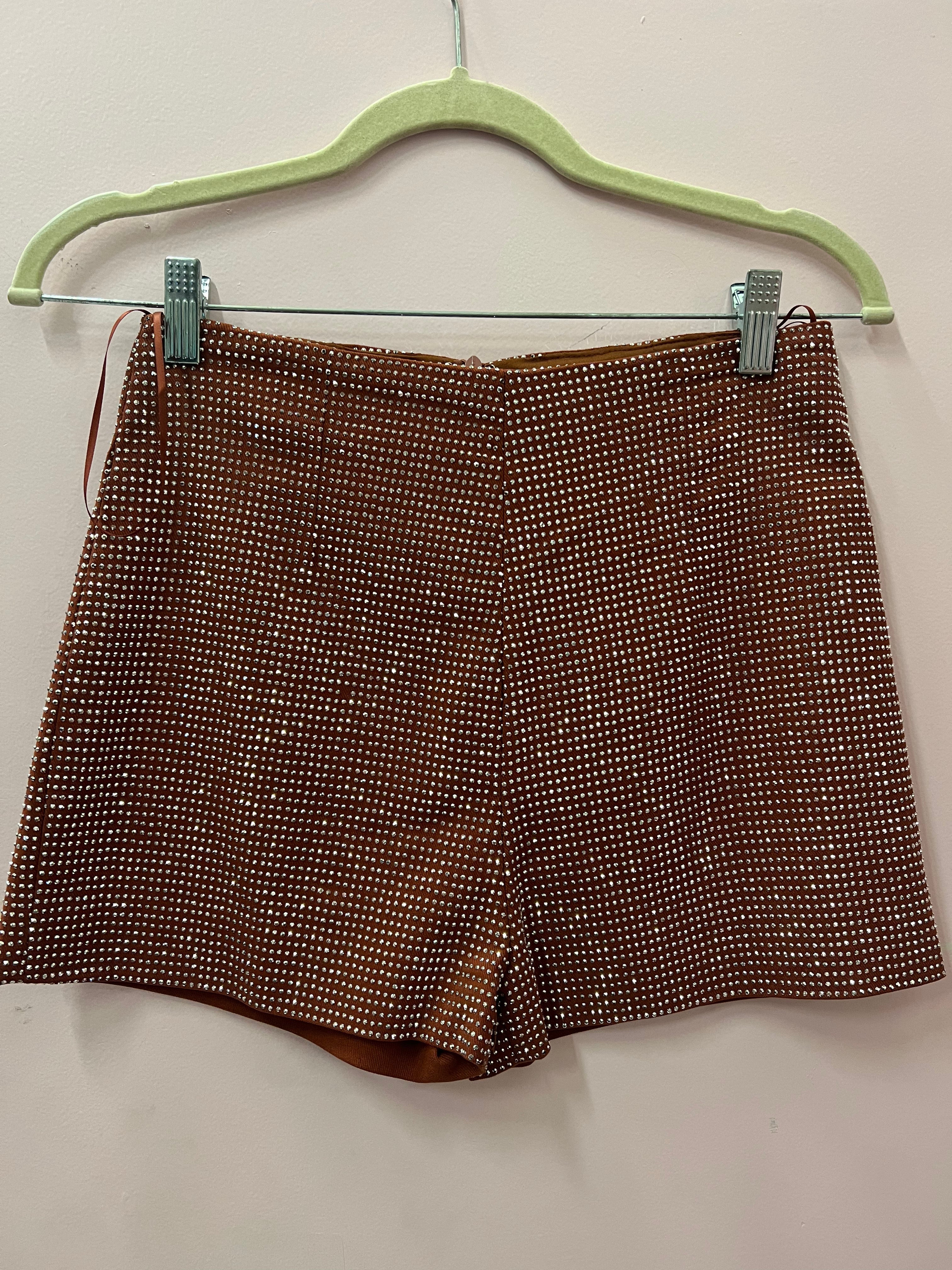 Brown Rhinestone Zip Shorts
