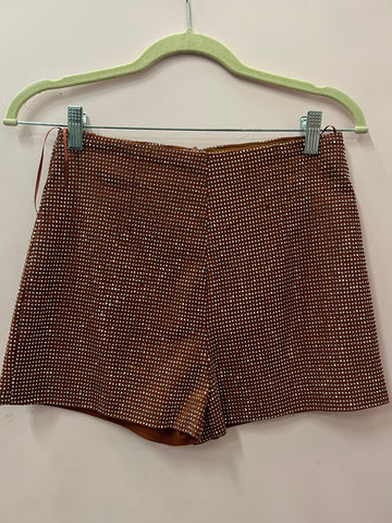 Brown Rhinestone Zip Shorts