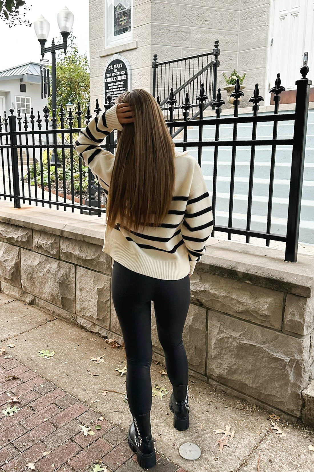 Ivory and Black Striped Half Zip Collared Knit Sweater