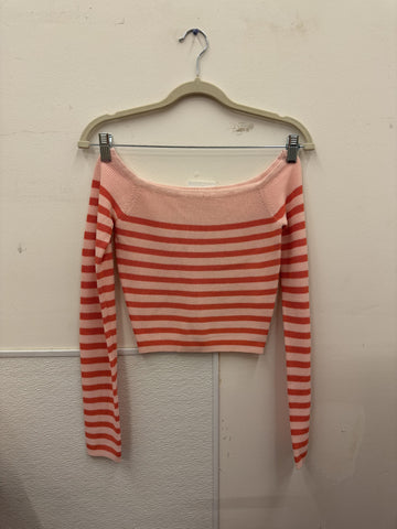 Blush and Coral Striped Off The Shoulder Knit Sweater