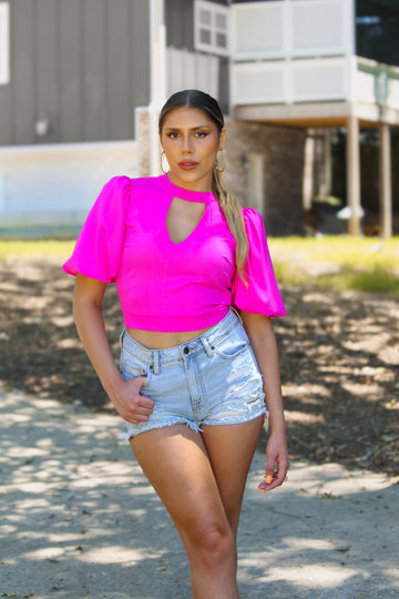 Fuchsia Puff Sleeve Crop Blouse