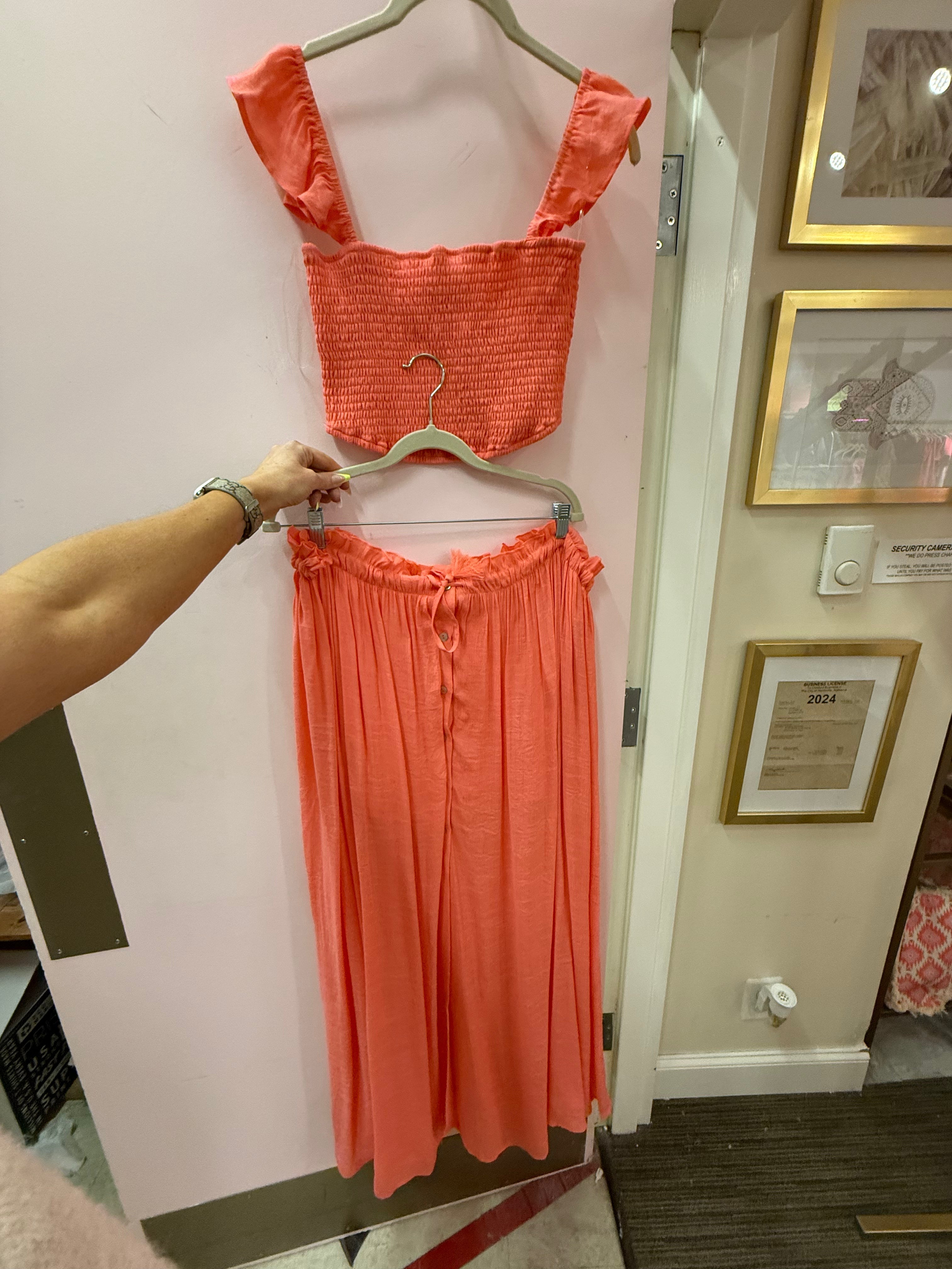 Coral Smocked Top & Maxi Skirt Set