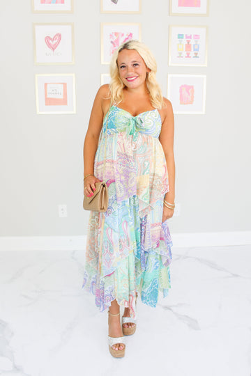 Paisley Print Ruffle Tiered Halter Neck Dress