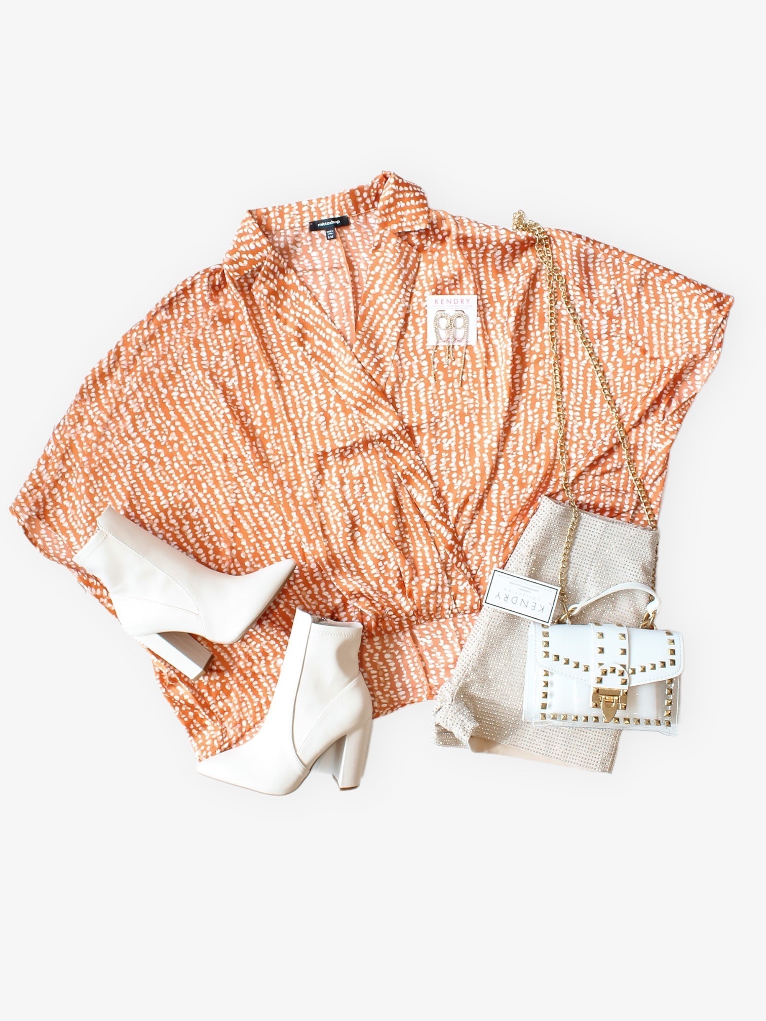 Orange Patterned Surplice Blouse