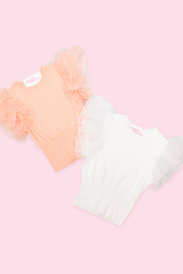 White Mesh Sleeve Ribbed Top