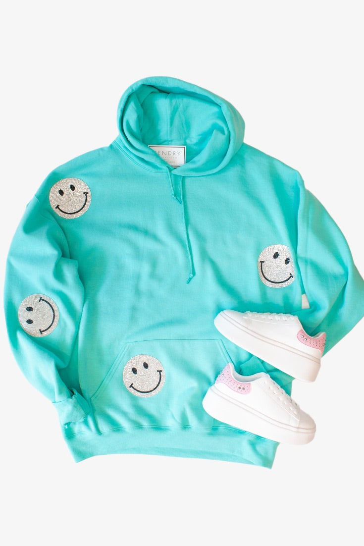 Mint Green Rhinestone Smiley Face Hoodie