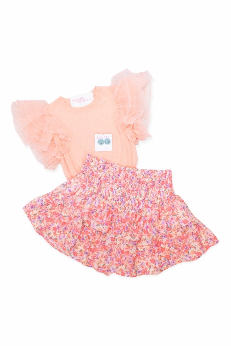 Peach Mesh Sleeve Ribbed Top