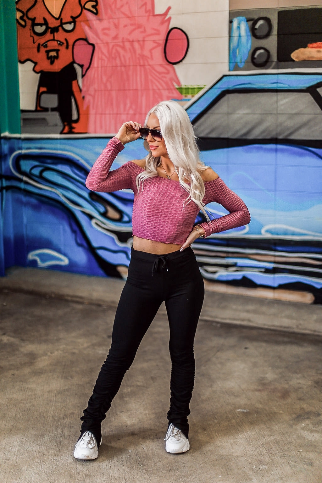 Pink Long Sleeve Embossed Crop Top