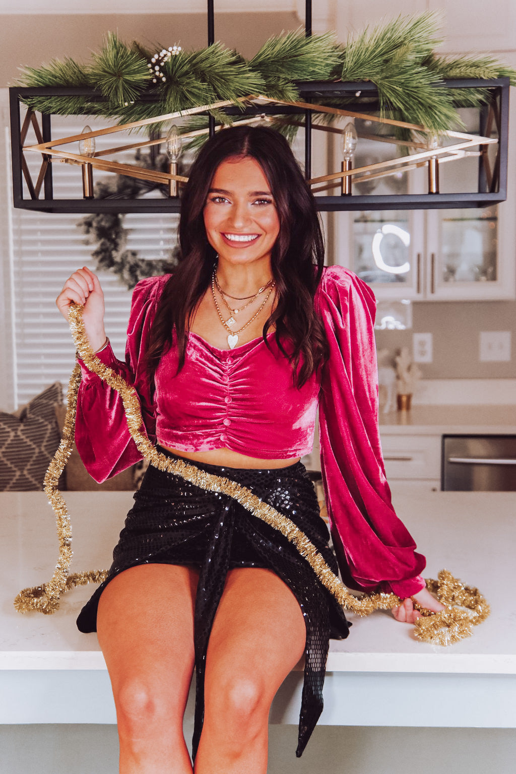 Pink Velvet Puff Sleeve Crop Top