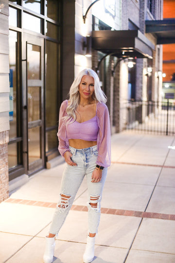 Purple Mesh Dot Long Sleeve Crop Top