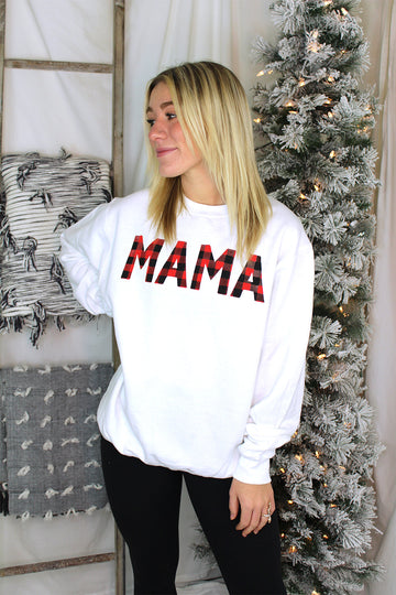 White With Red Plaid MAMA Holiday Sweatshirt