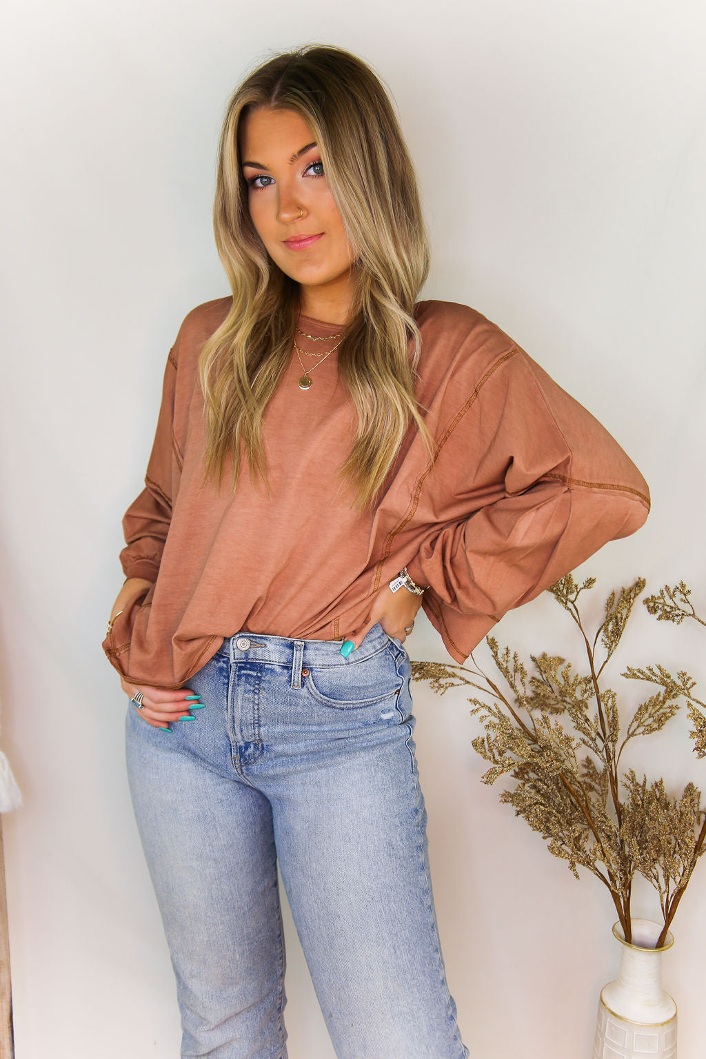 Rust Acid Wash Long Sleeve High Low Top