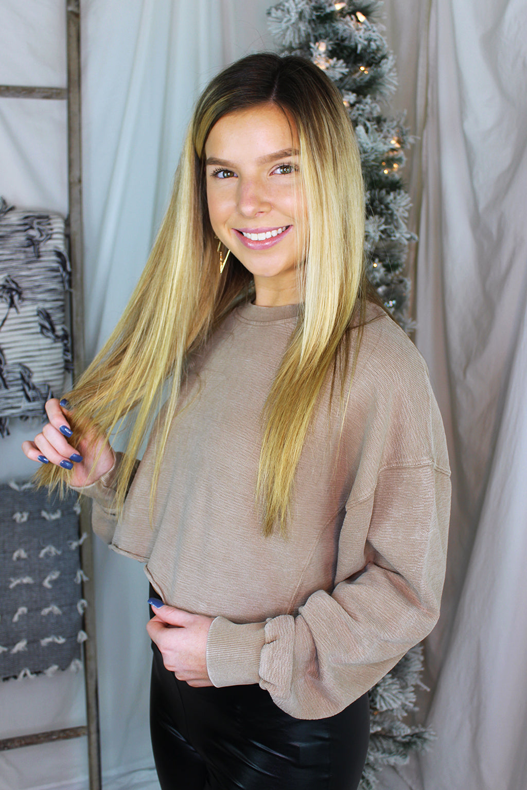 Tan Cropped Mineral Wash Pullover