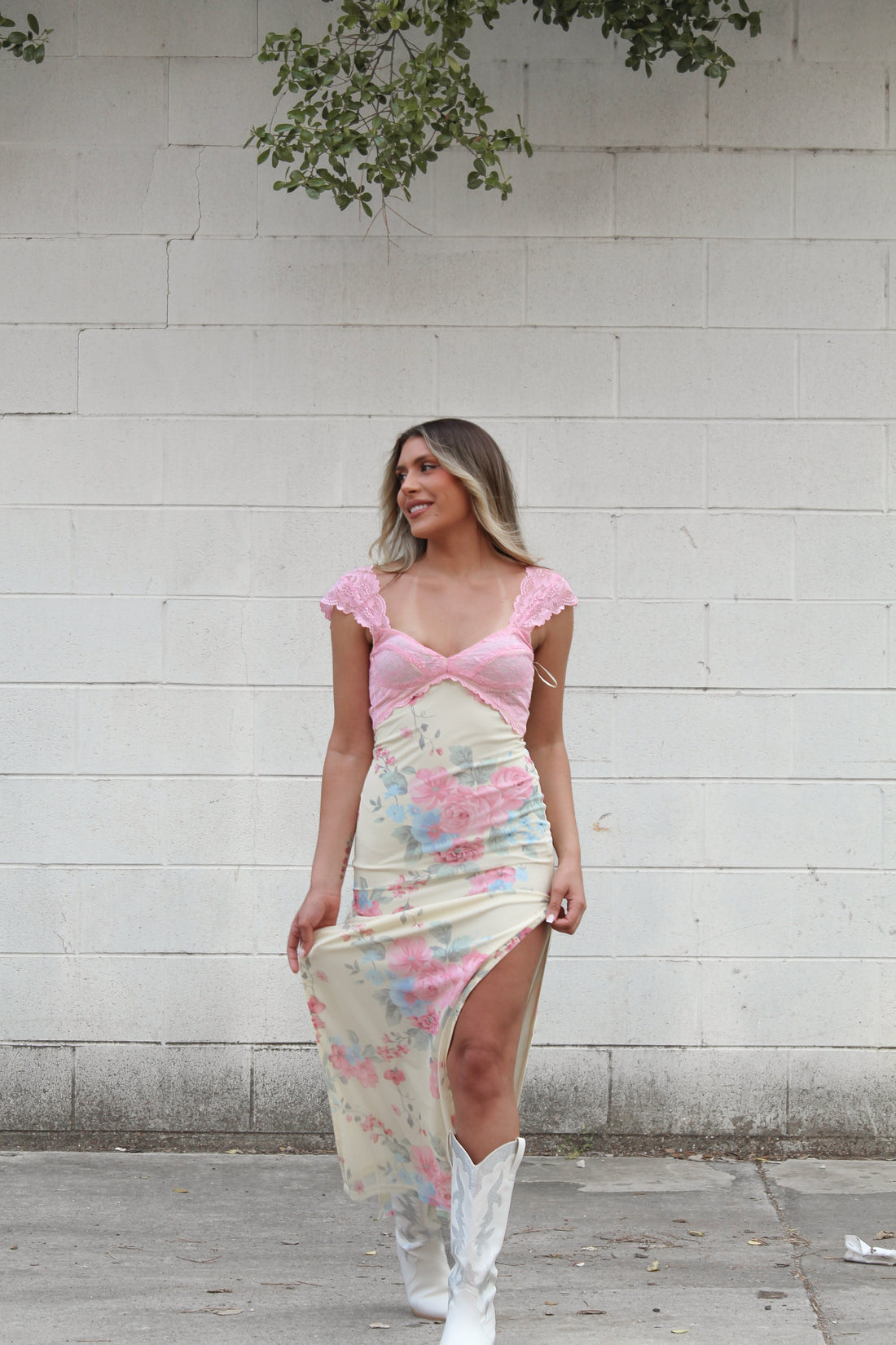 Yellow Floral Pink Lace Detail Slit Maxi Dress