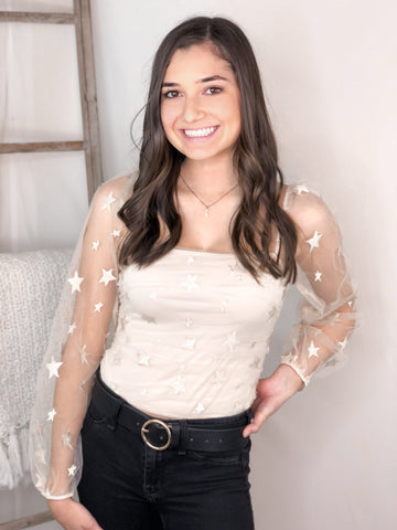 Mesh Long Sleeve Embroidered Star Bodysuit